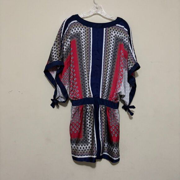 AnM Navy Blue Red Burgundy White Silky Geometric Boho Kimono Top – Size Small - Picture 2 of 5